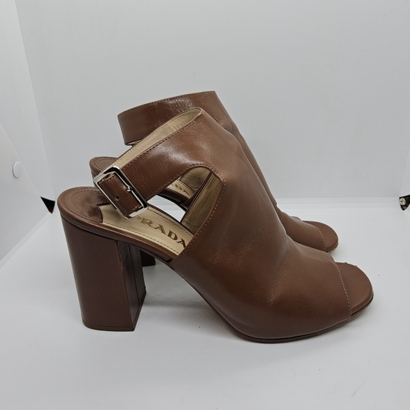 Prada brown leather peeptoe ankle wrap heel booties EU 38 - Picture 1 of 16